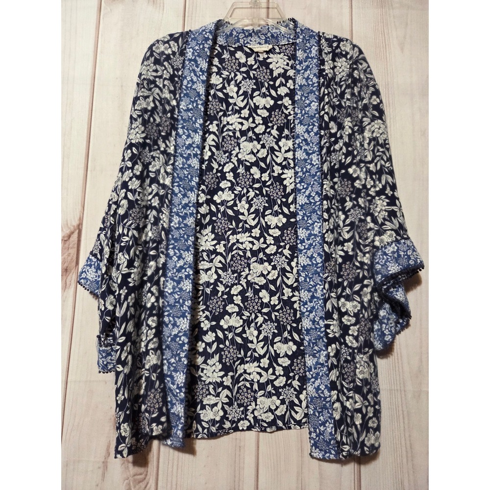 Westport Women 1X Navy Blue‎ Floral Kimono Cardigan Pom Pom Trim Rayon Wrap Boho